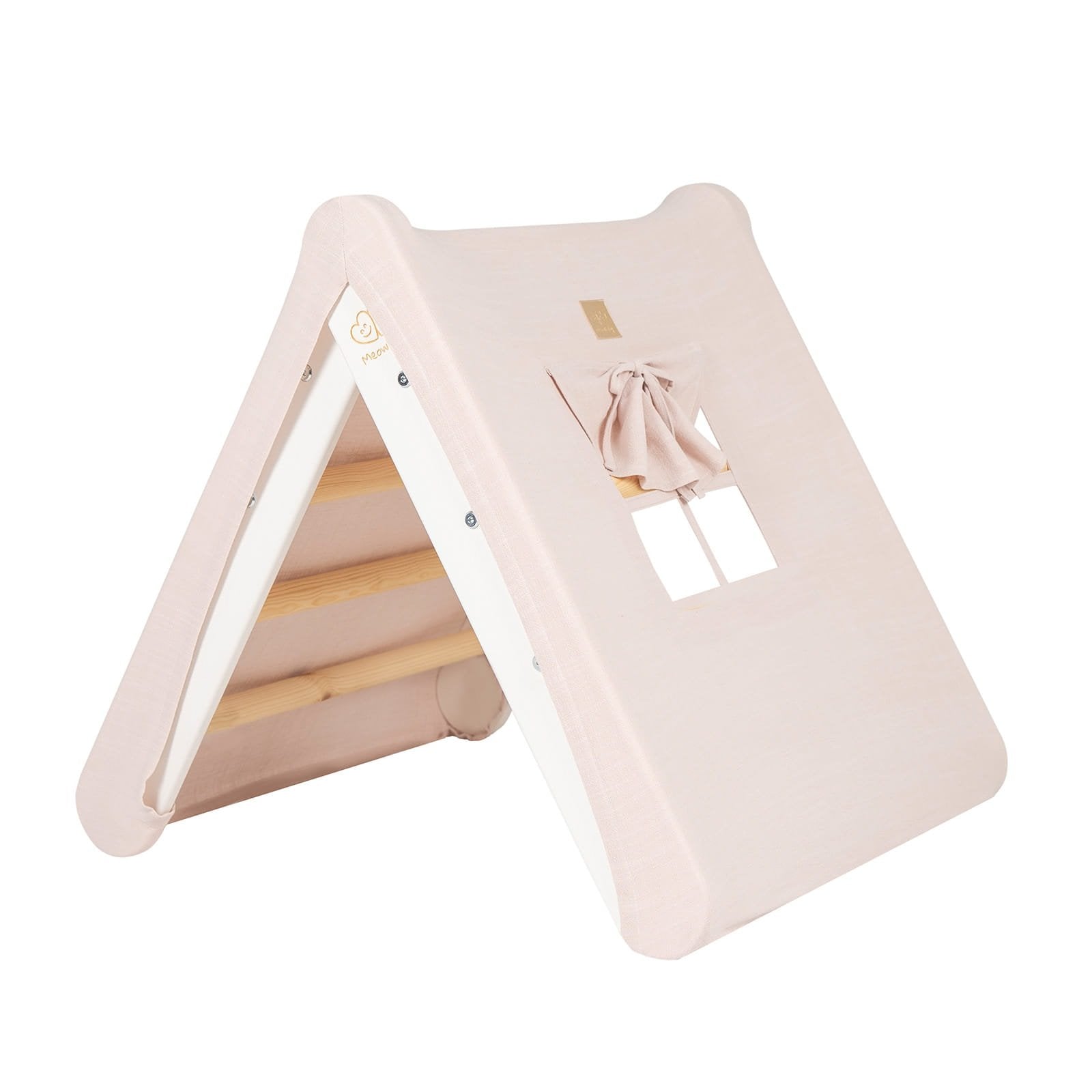 1. White ladder house with pink cover featuring window and bow detail, ideal for children's playroom