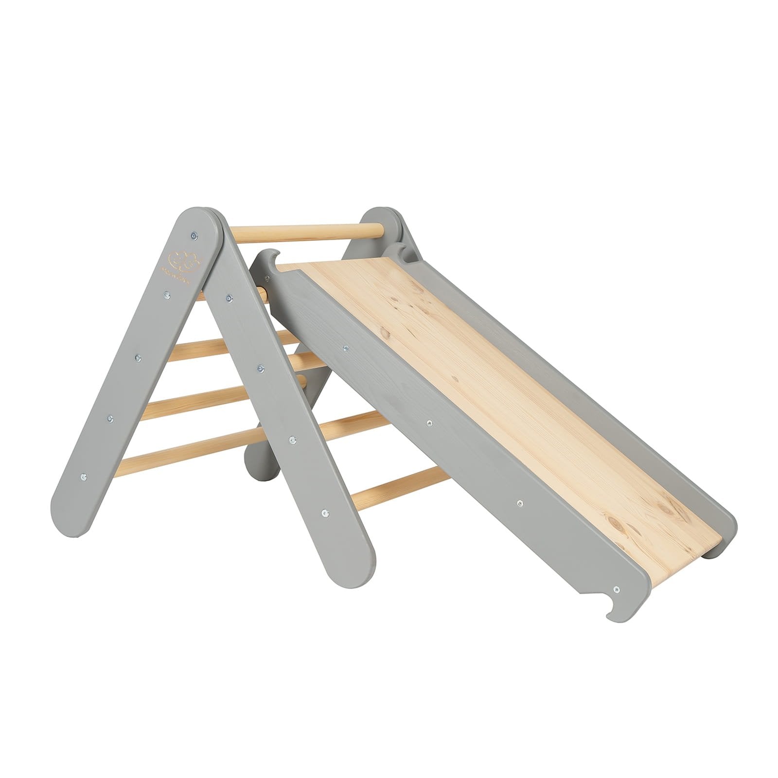 1. Grey wooden ladder with slide and climbing wall for children, featuring natural wood rungs and slide surface, ideal for indoor and outdoor play