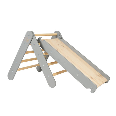 1. Grey wooden ladder with slide and climbing wall for children, featuring natural wood rungs and slide surface, ideal for indoor and outdoor play