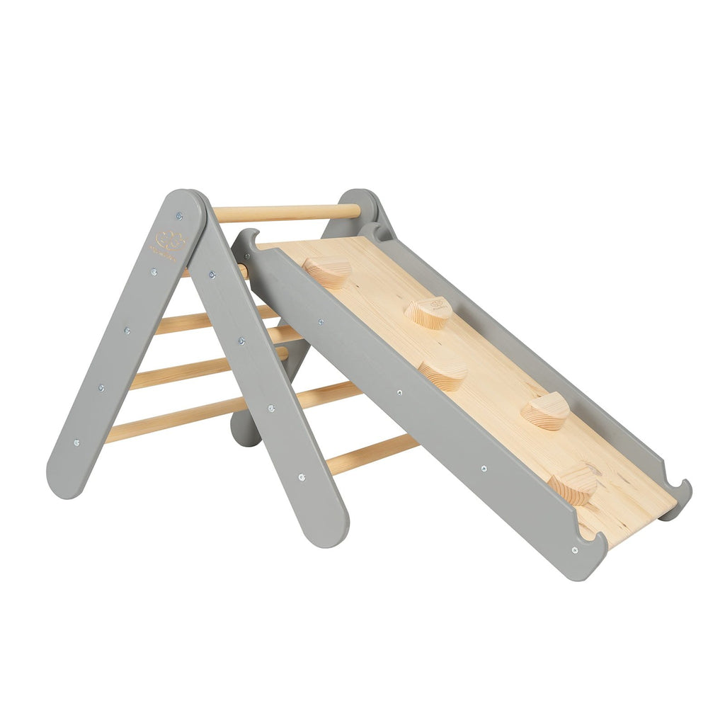 2. Grey wooden ladder with climbing wall and slide, featuring natural wood elements, designed for children's play