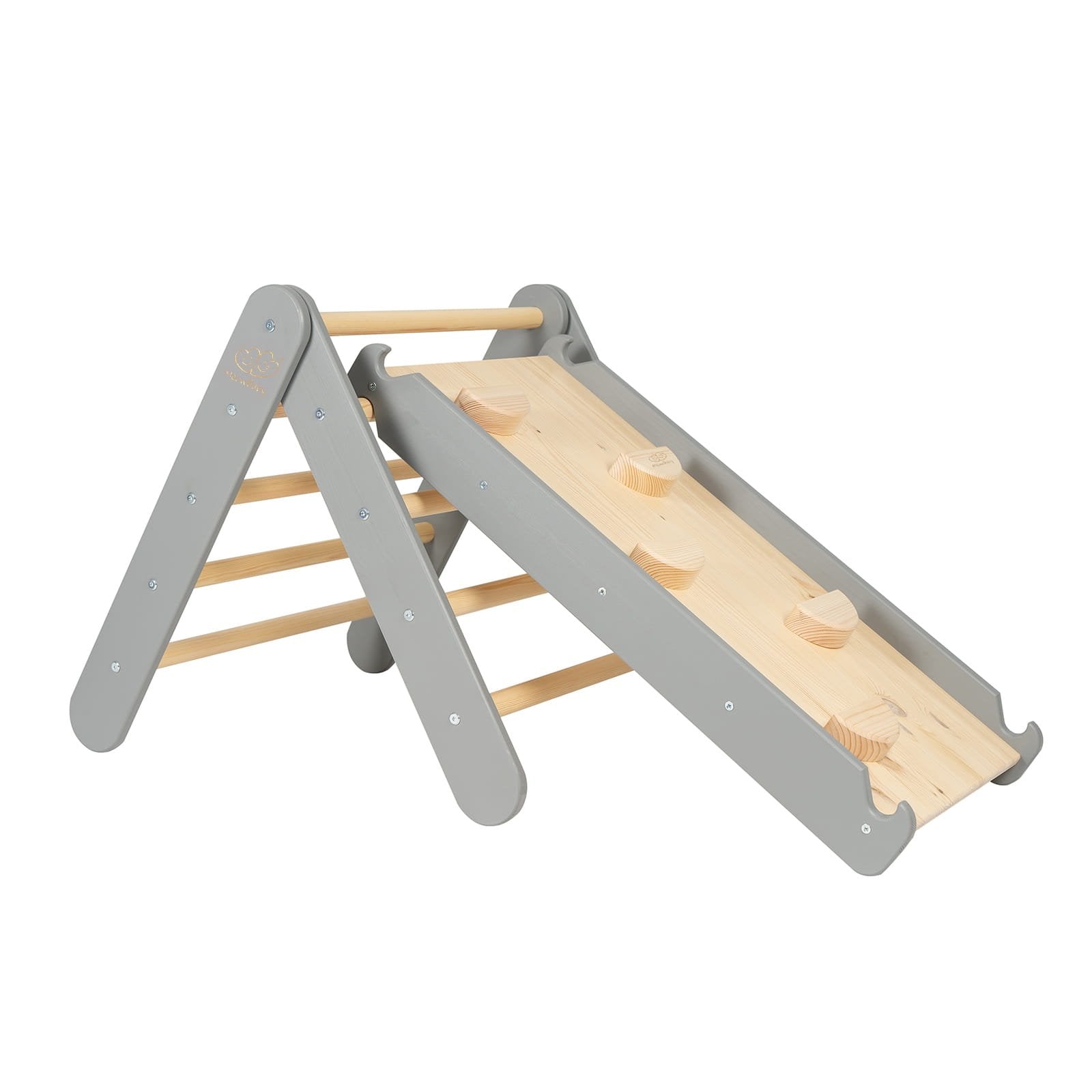 2. Grey wooden ladder with climbing wall and slide, featuring natural wood elements, designed for children's play