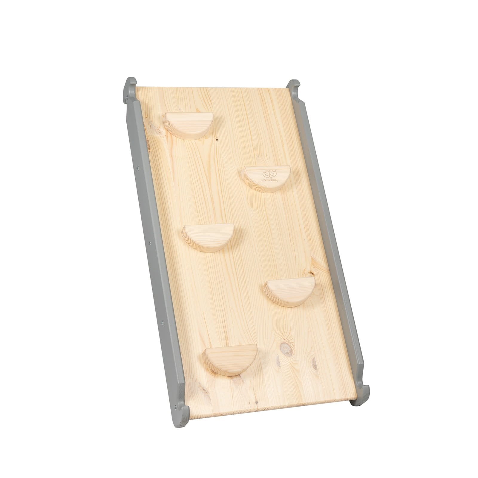 3. Close-up of wooden climbing wall with grey sides, featuring half-circle grips for children's climbing activities