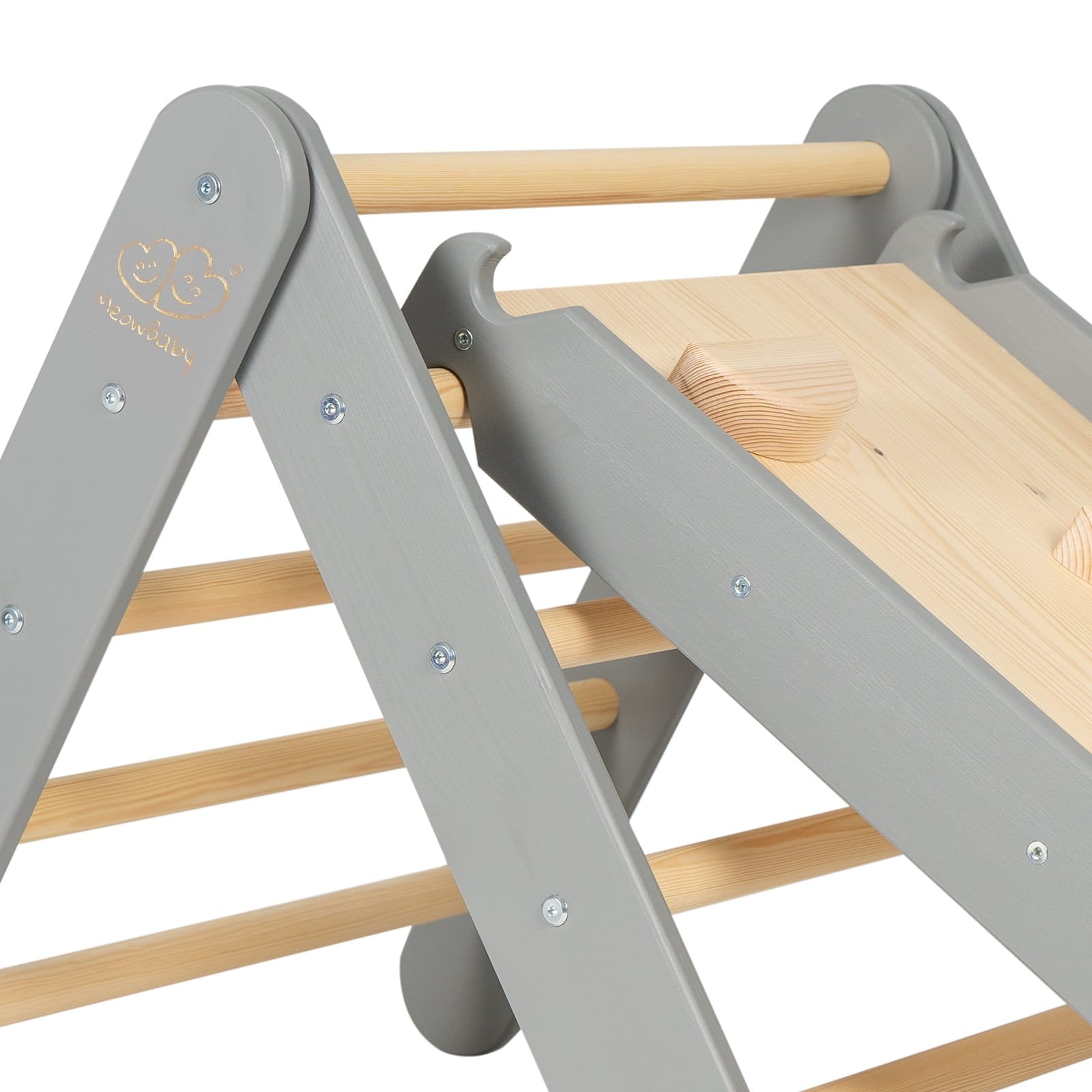 3. Detail of MeowBaby ladder with slide, showing grey frame and natural wood rungs, highlighting construction quality