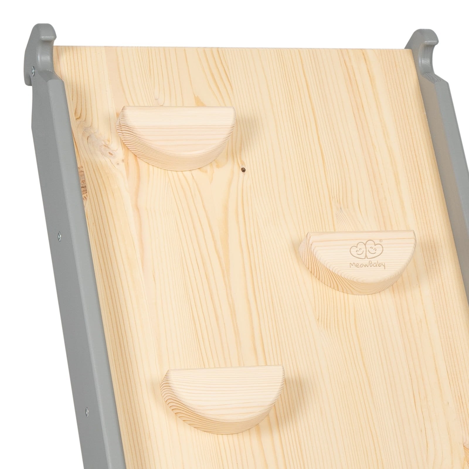 3. Close-up of climbing wall grips on natural wood surface with grey sides, part of MeowBaby ladder set