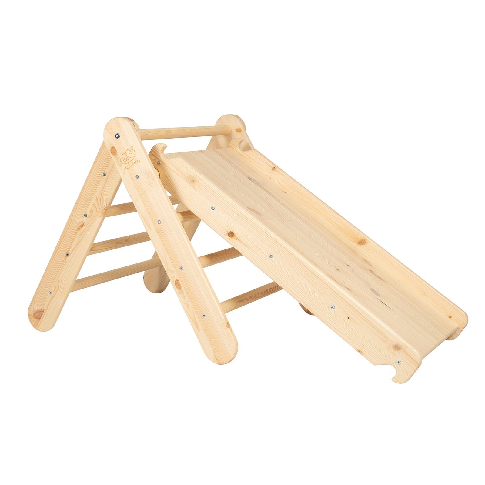 1. Natural wood ladder with slide and climbing wall set in a triangular shape, ideal for children's playrooms or gardens