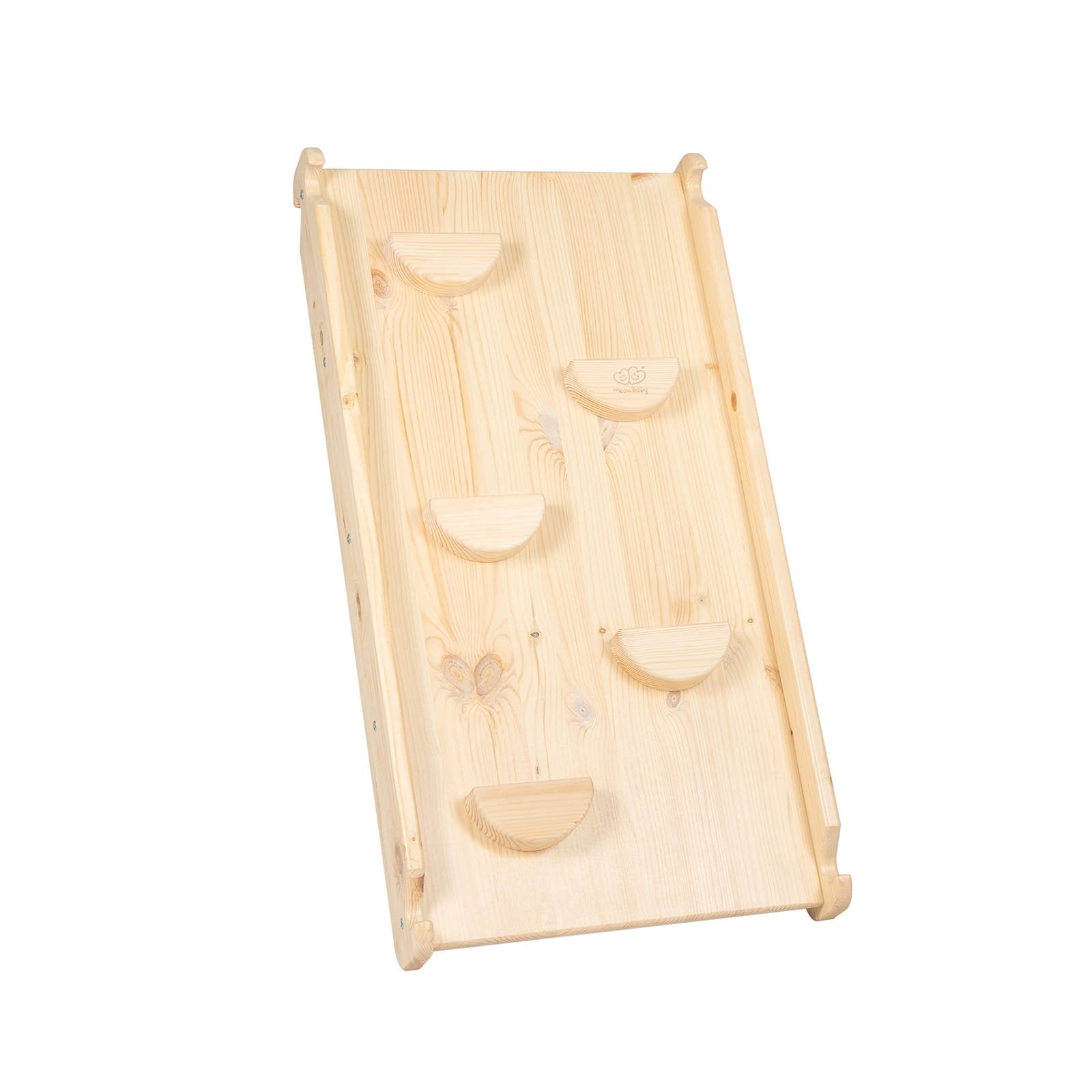 5. Flat lay of natural wood climbing wall with rounded grips for children's play