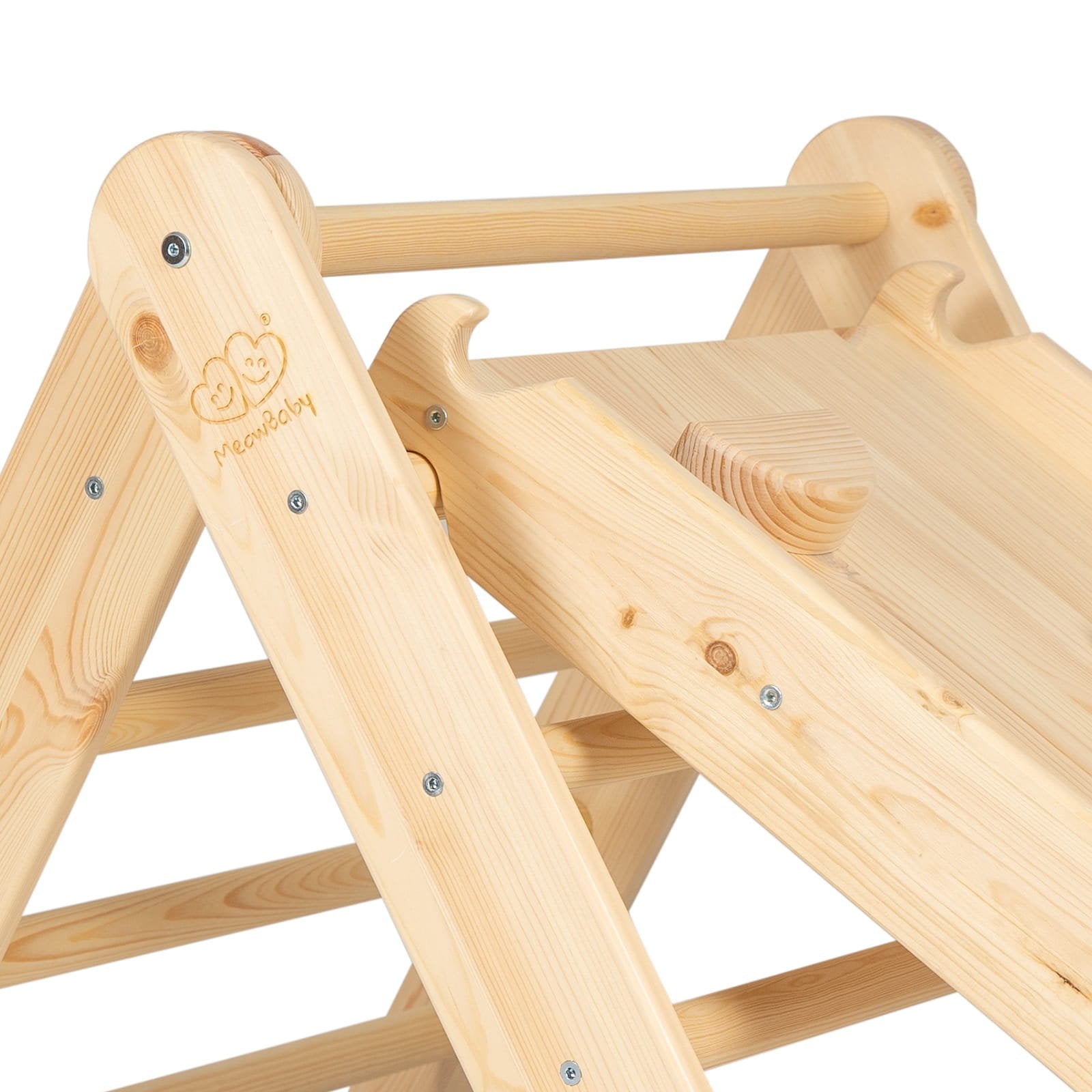 7. Close-up of MeowBaby logo on natural wood ladder with slide, showing sturdy construction