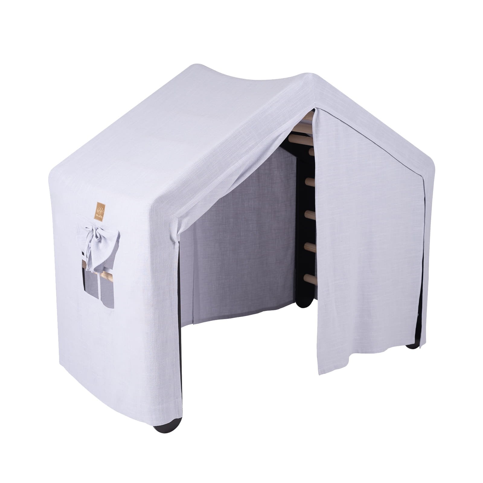 1. Large black ladder house with blue-grey cover, front view, showing entrance and side pocket, suitable for children's play