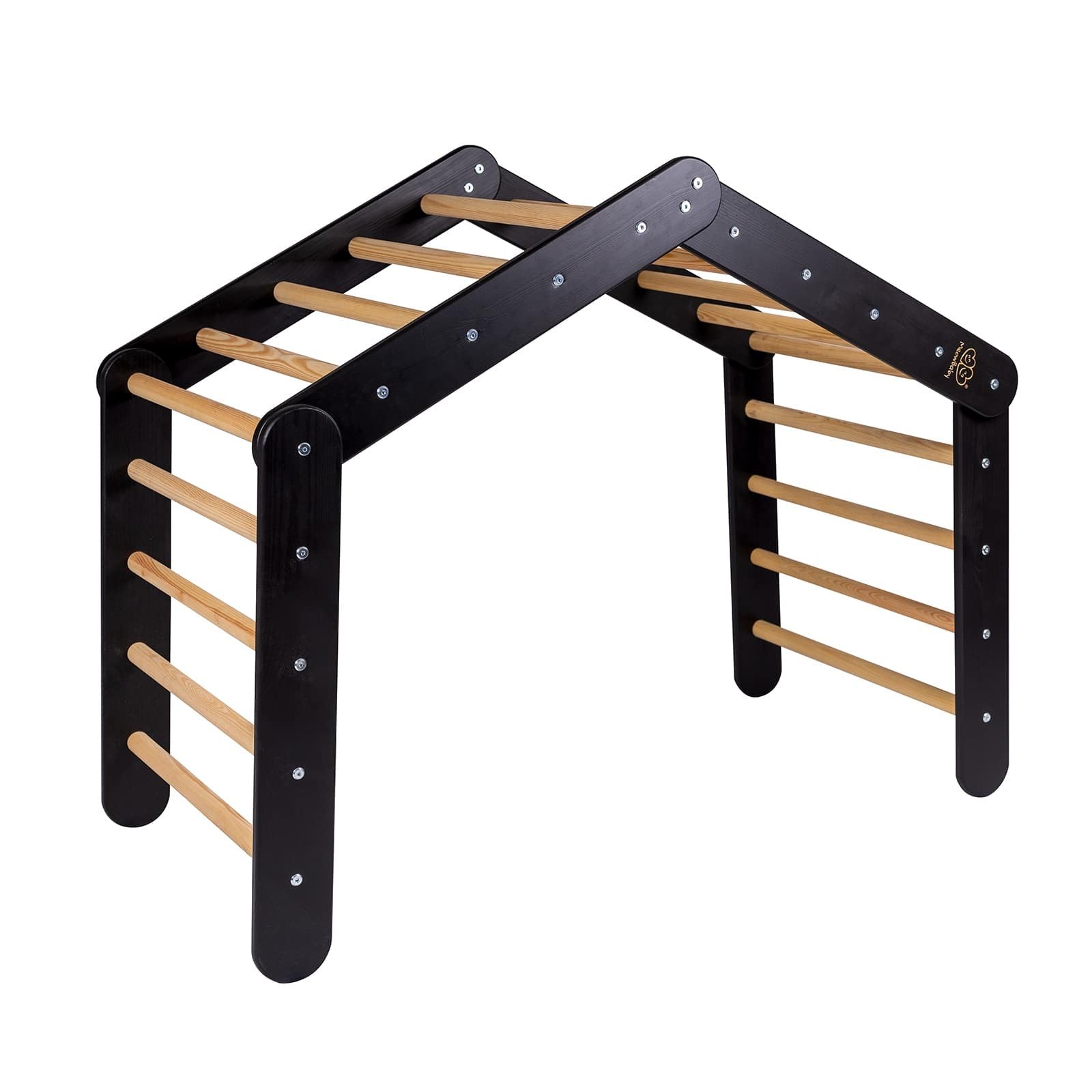8. Black wooden ladder house frame with natural wood rungs, studio shot