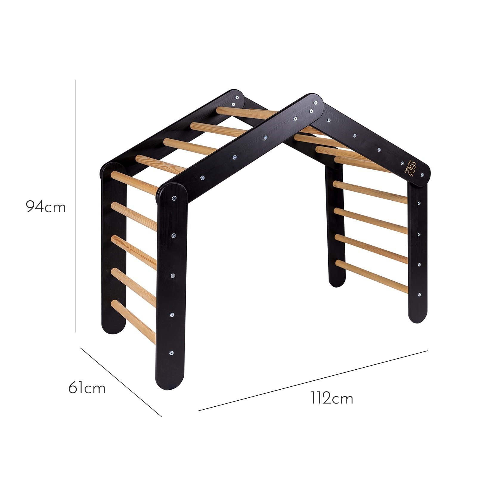 3. Black ladder house frame with natural wood rungs, dimensions displayed for children's play area