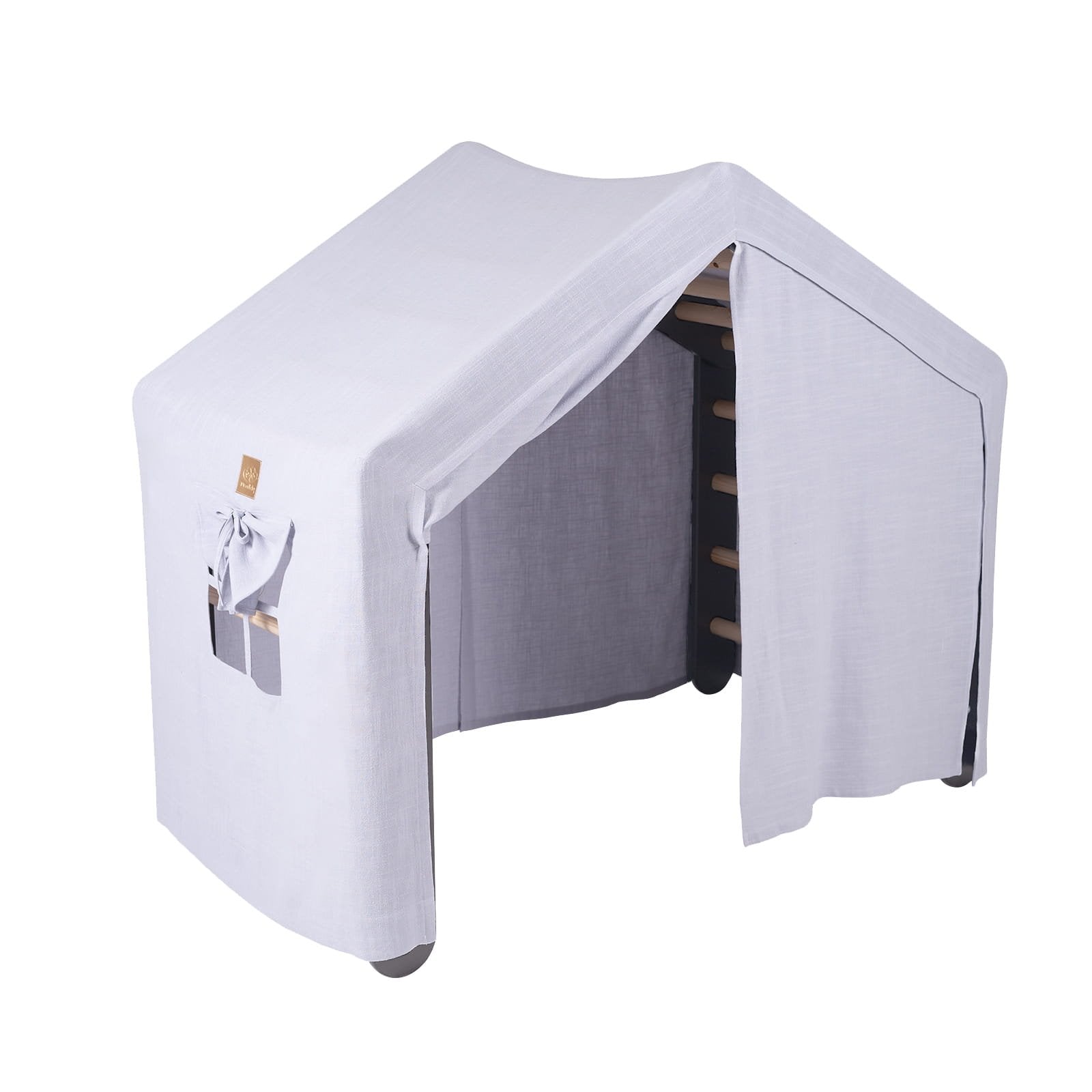 1. Large grey ladder house with blue-grey cover, featuring a front opening and side pocket, designed for children's playrooms.