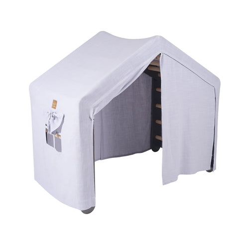 1. Large grey ladder house with blue-grey cover, featuring a front opening and side pocket, designed for children's playrooms.