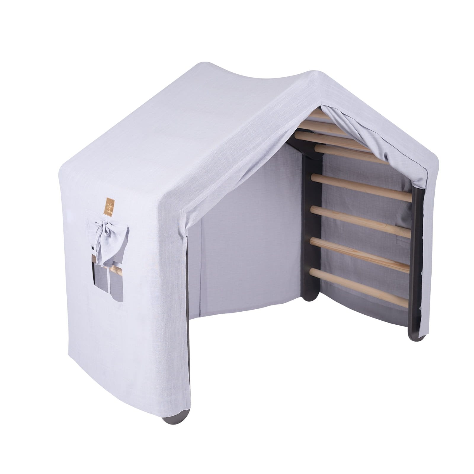 1. Large grey ladder house with blue-grey cover, featuring an open front and visible wooden ladder, ideal for kids' playrooms.