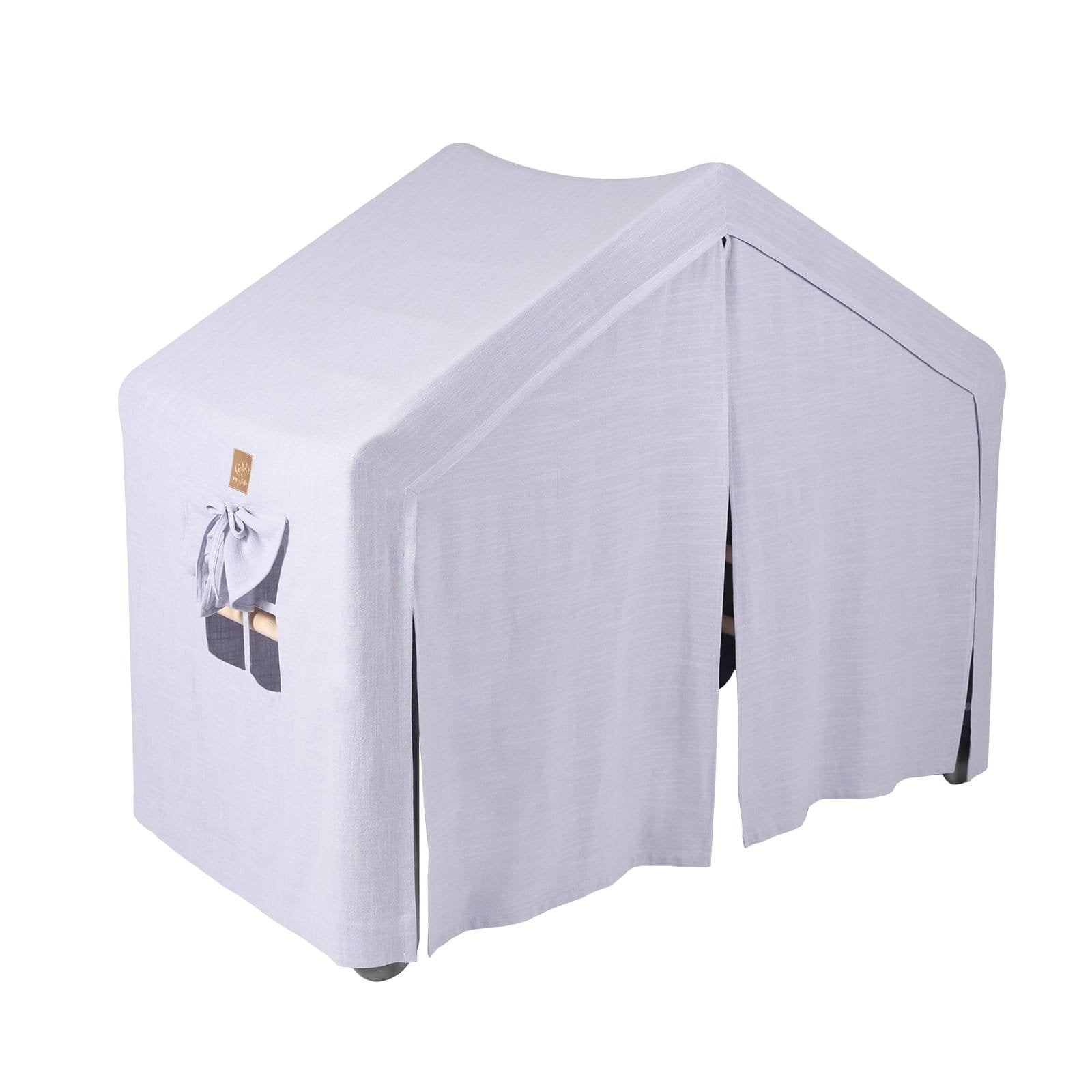 2. Large grey ladder house with blue-grey cover, fully enclosed with front curtains and side pocket, for children's play.