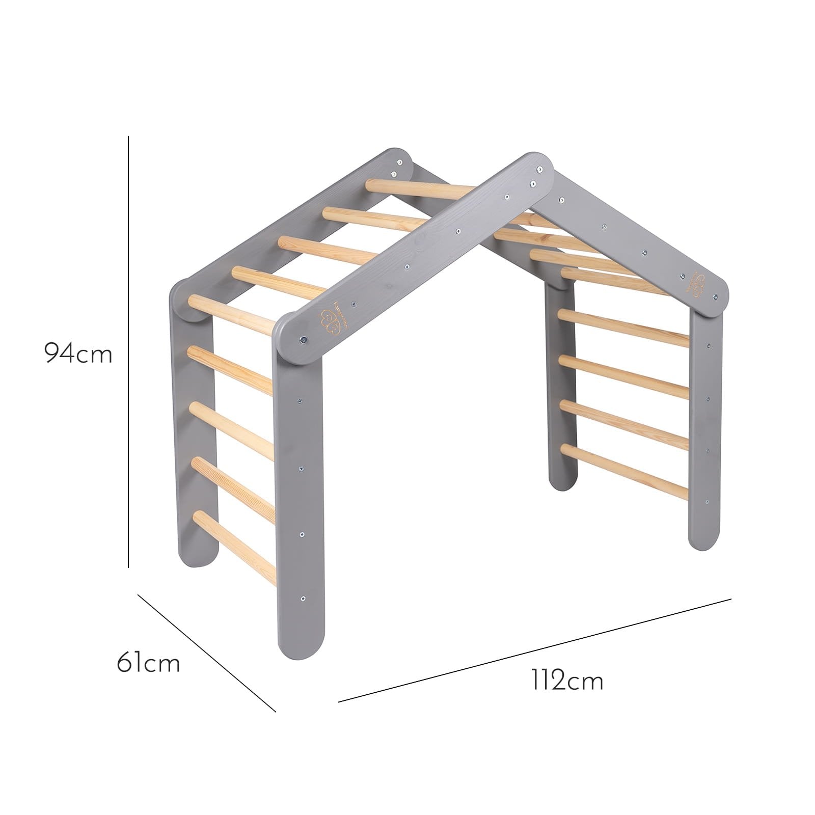 5. Size chart for large grey ladder house showing dimensions: 94cm height, 61cm width, 112cm length.