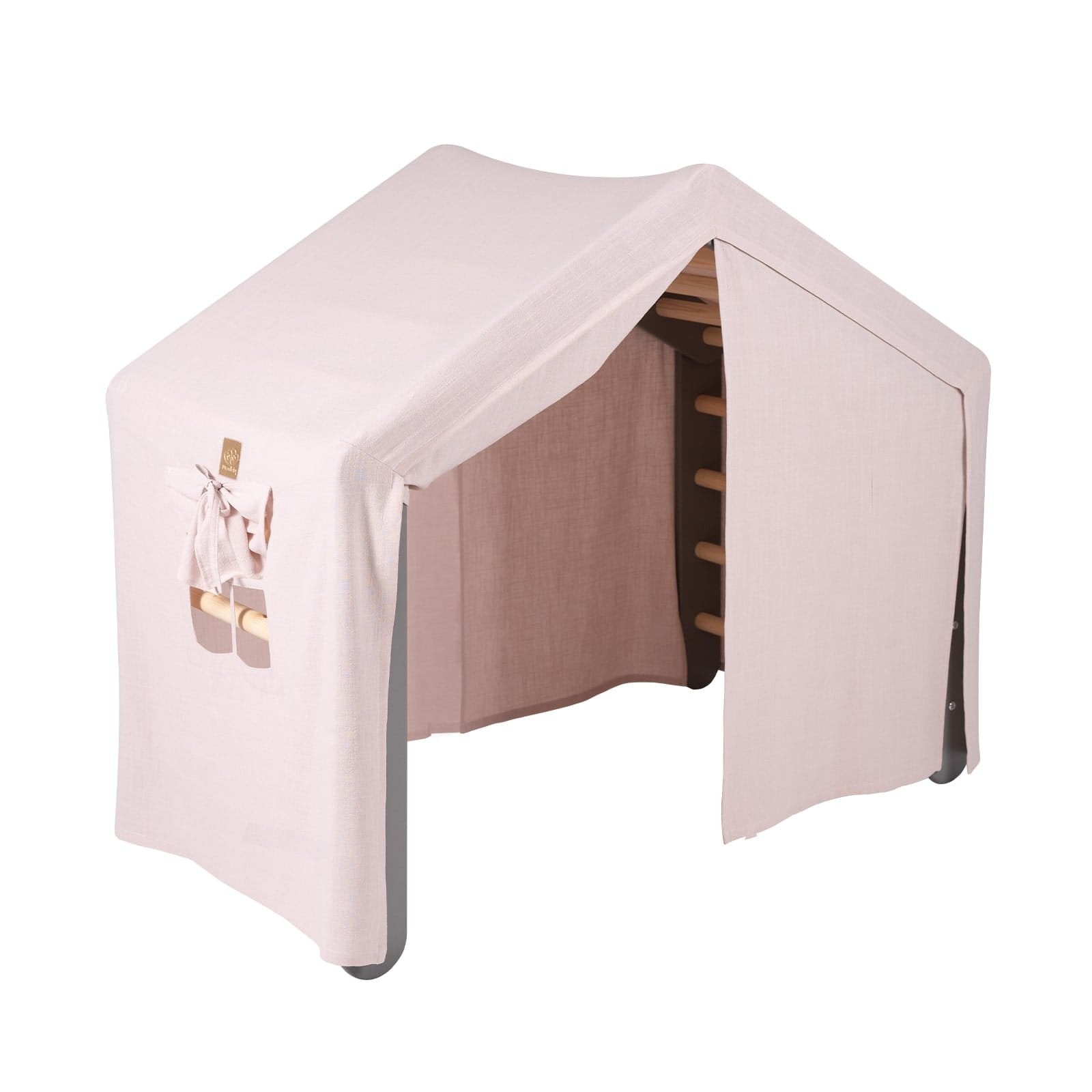 7. Grey ladder house with pink cover, featuring side opening and wooden rungs for kids' playroom