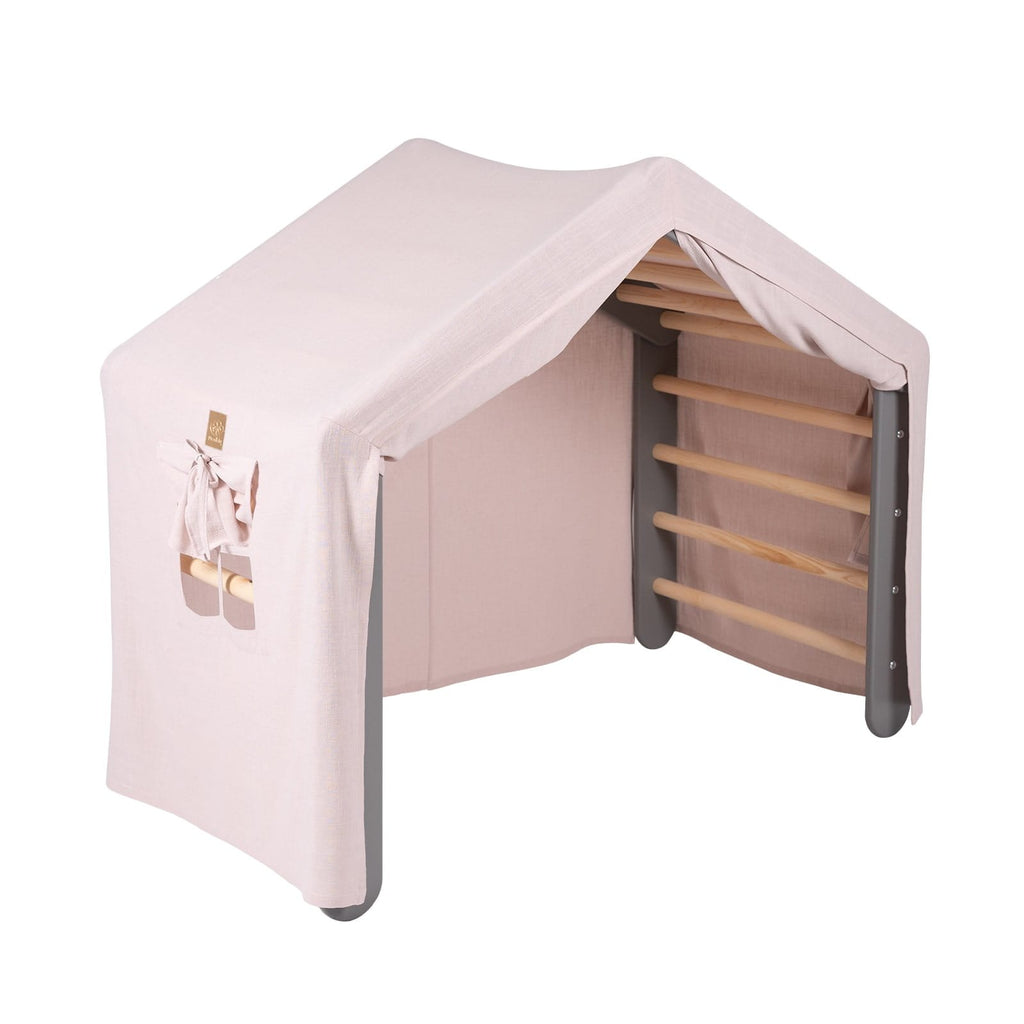 1. Large grey ladder house with pink cover, featuring wooden rungs and side opening, ideal for children's playroom