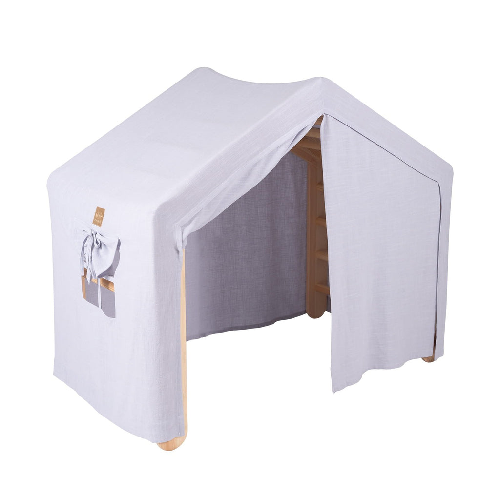 1. Large natural wood ladder house with blue-grey cover, front view, showing entrance and side pocket, ideal for children's playroom