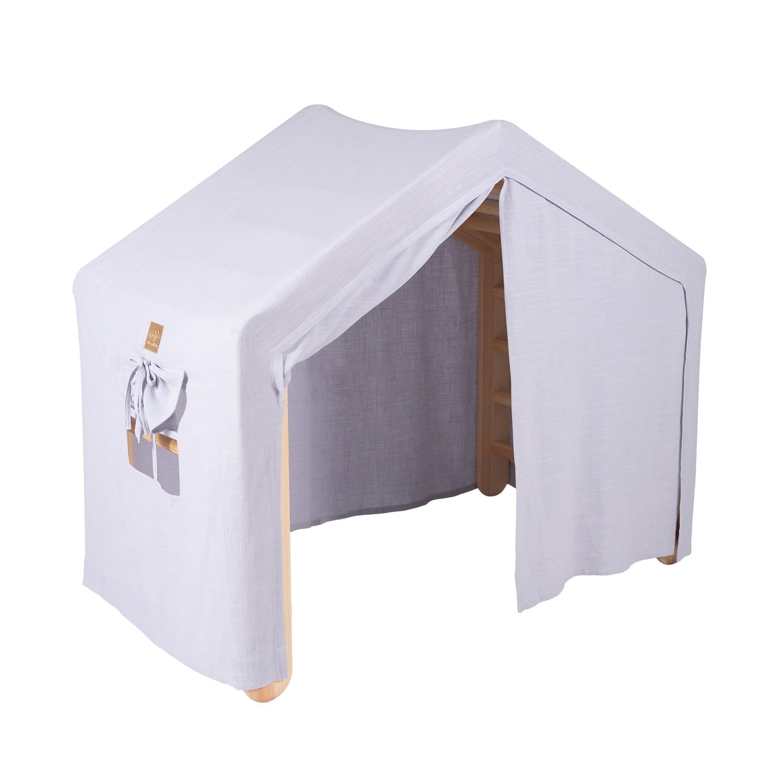1. Large natural wood ladder house with blue-grey cover, front view, showing entrance and side pocket, ideal for children's playroom