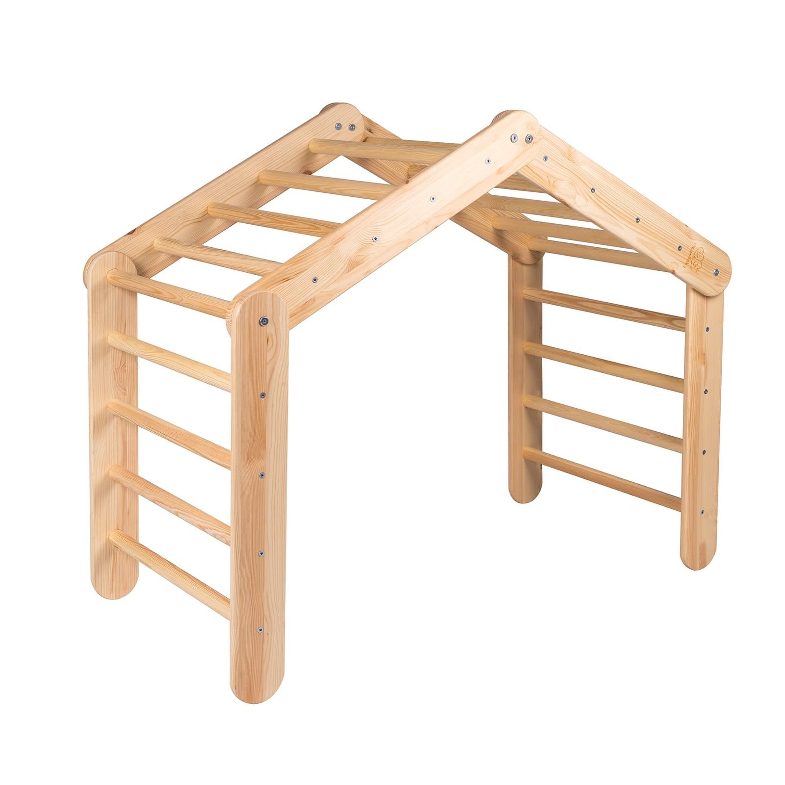 2. Natural wood ladder house frame without cover, showcasing sturdy construction and ladder design