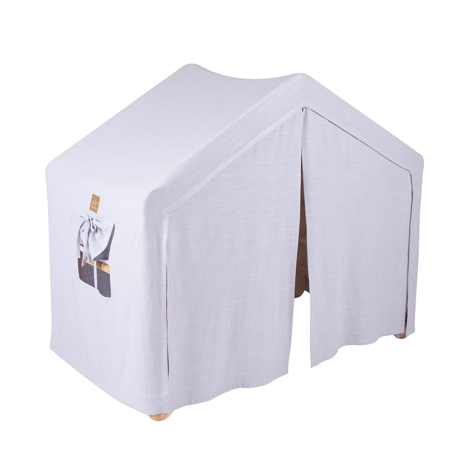 1. Large natural wood ladder house with blue-grey cover, front view, showing closed entrance, perfect for kids' play