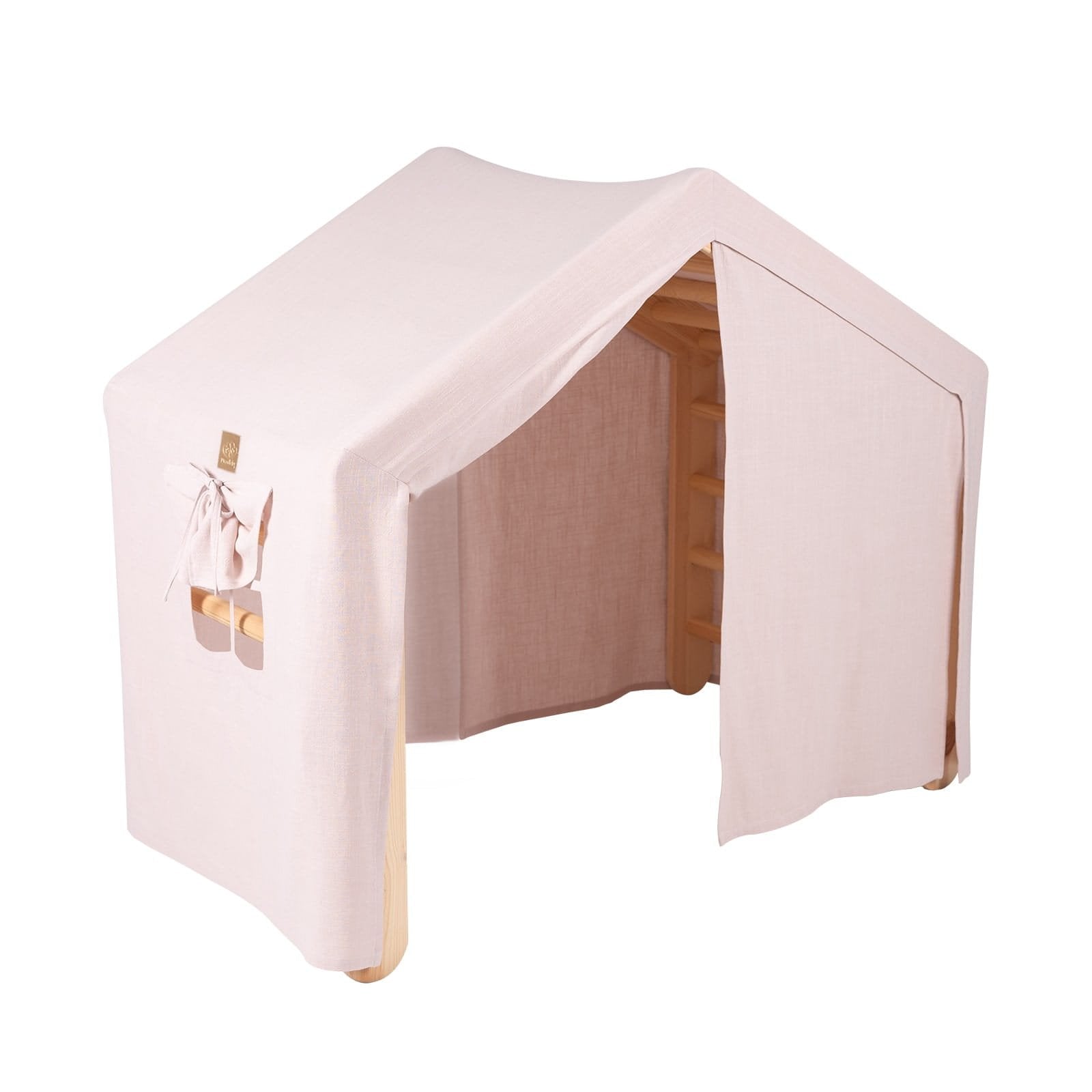 1. Large natural wood ladder house with pink cover, featuring front opening and side window with bow, ideal for kids' playroom.