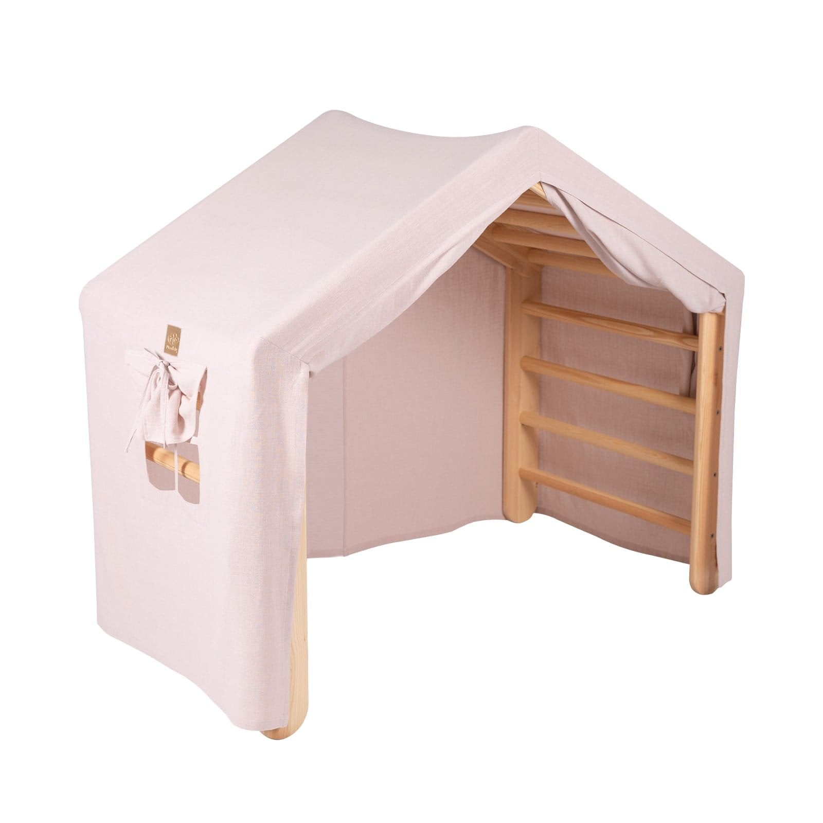 1. Large natural wood ladder house with pink cover, featuring a side opening and decorative bow, ideal for children's playroom.