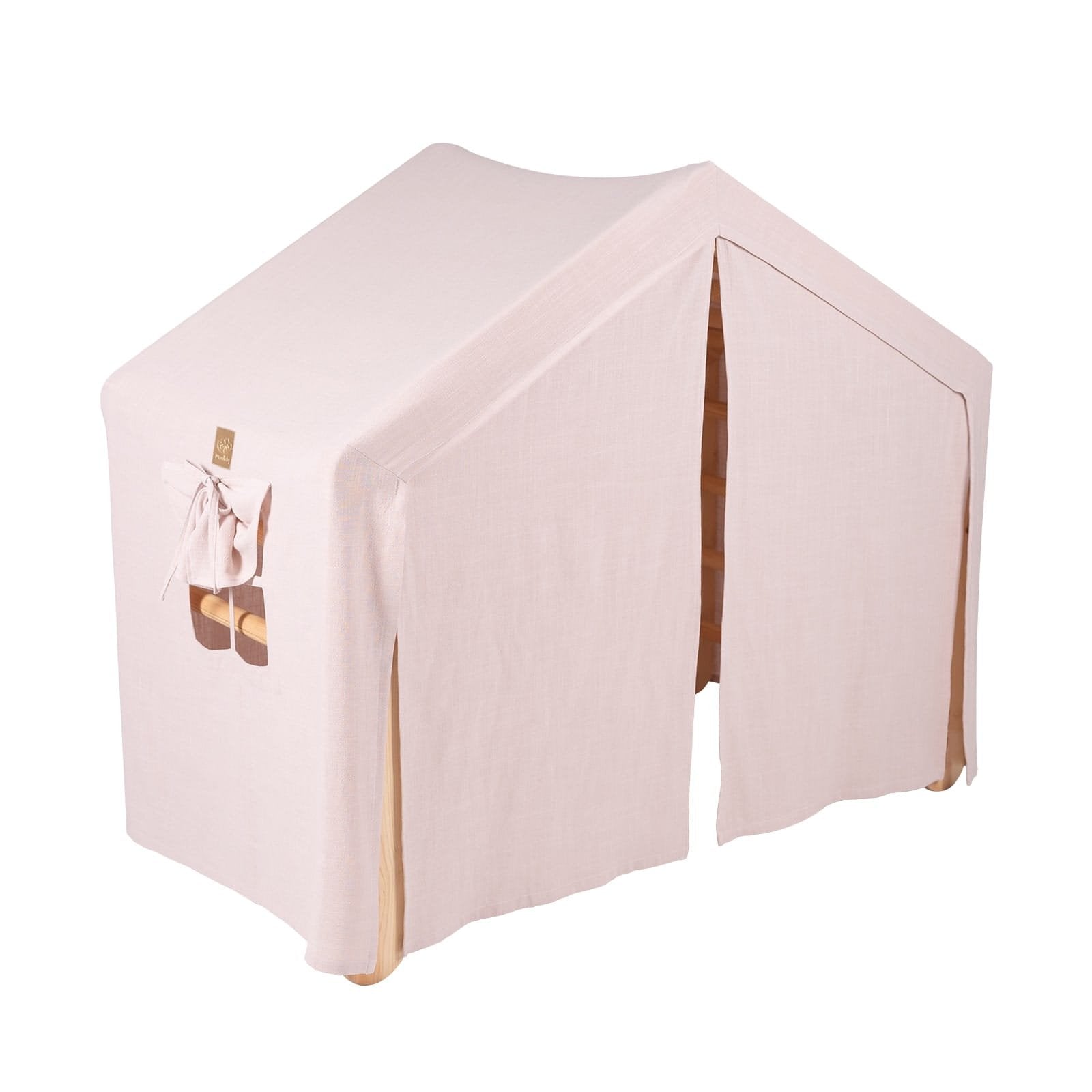 1. Large natural wood ladder house with full pink cover, featuring front opening and decorative bow, perfect for children's play.