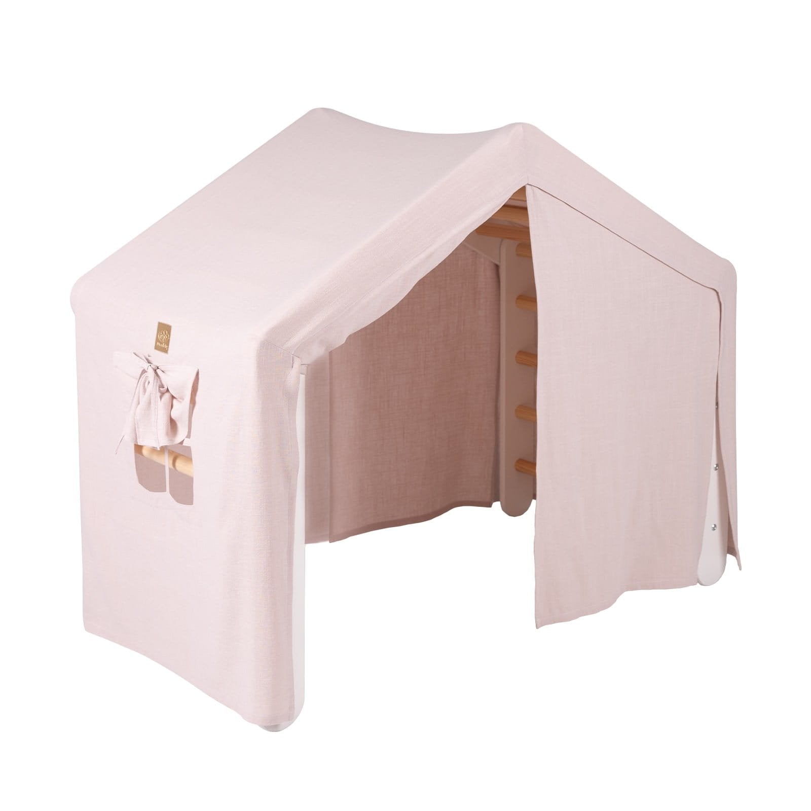 1. Large white ladder house with pink cover, partially open front, designed for children's imaginative play