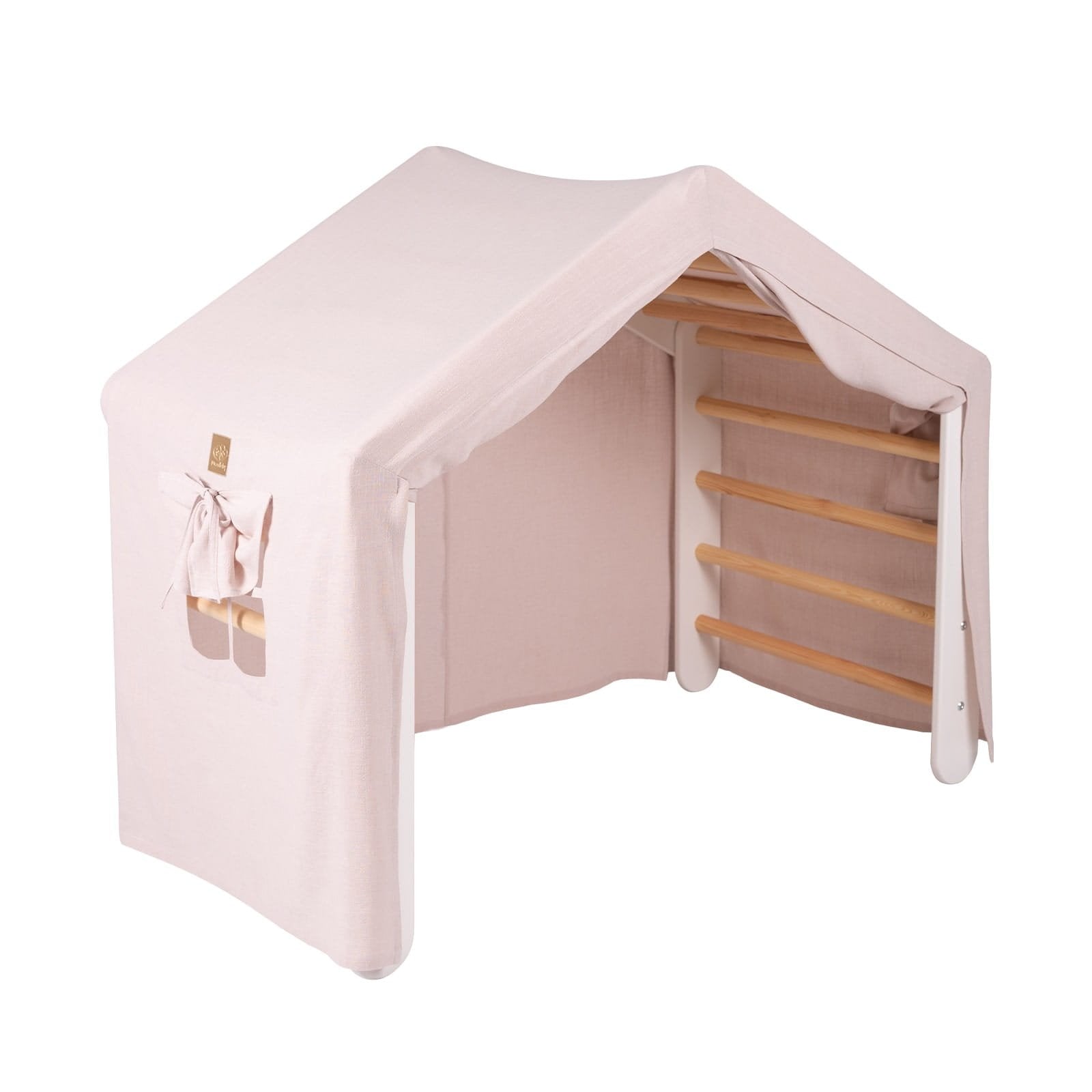 1. Large white ladder house with pink cover, featuring wooden ladder rungs, designed for children's playroom