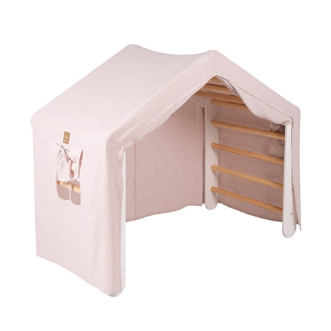1. Large white ladder house with pink cover, featuring wooden ladder rungs, designed for children's playroom