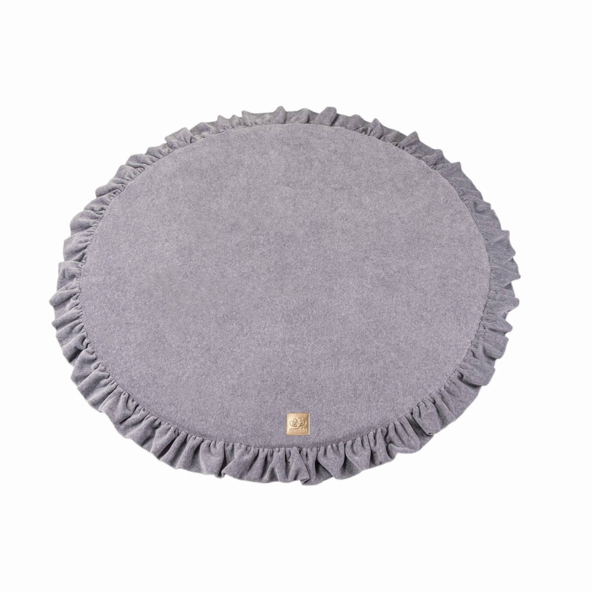 2. Grey round play mat with frill detail on clean white background