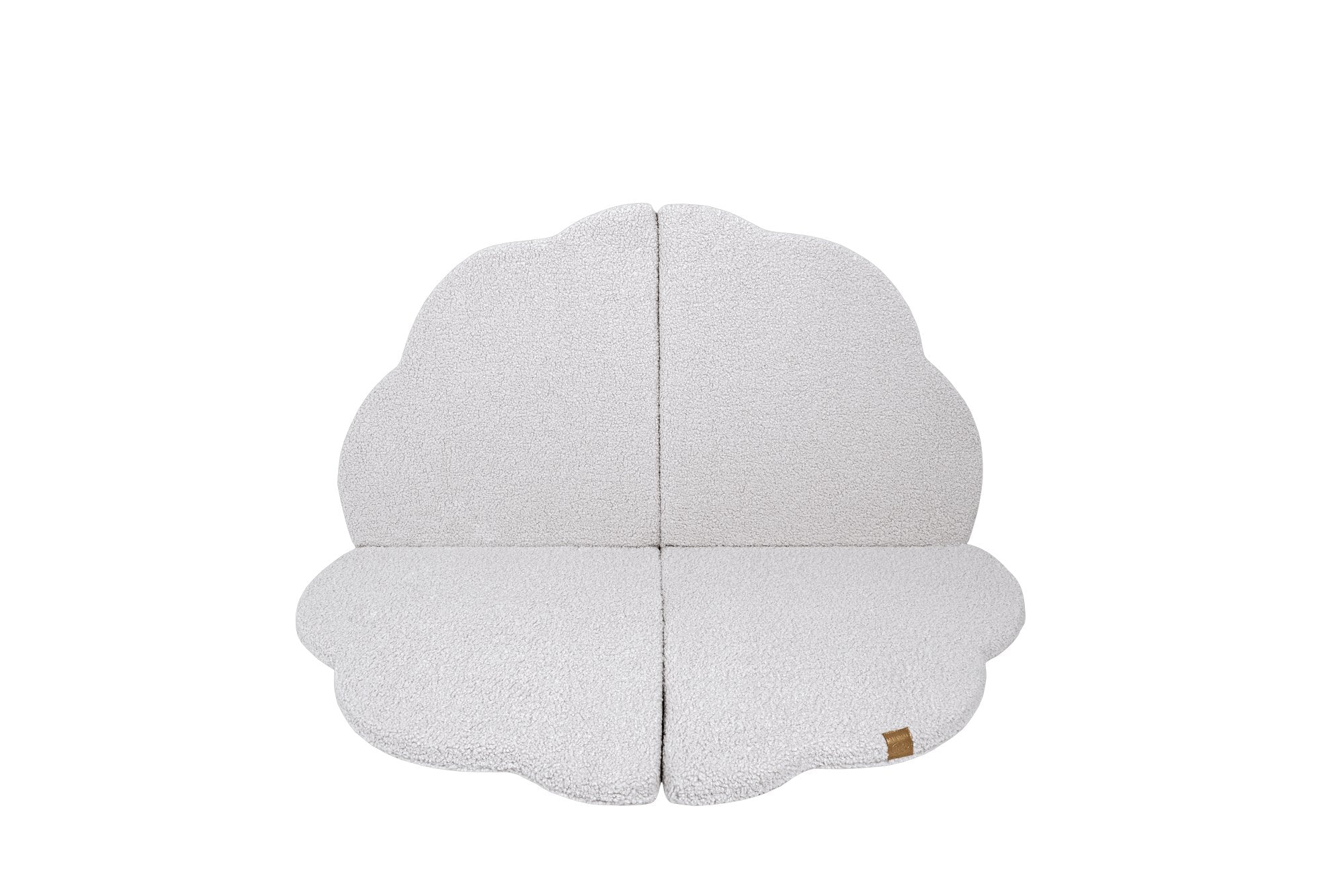 1. Cloud-shaped play mat in bearly white color, shown flat with a textured surface and a small brand tag, on a black background