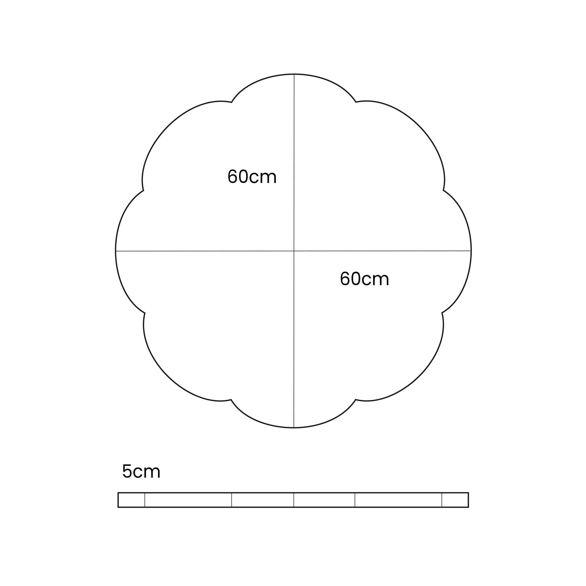 4. Size chart for MeowBaby cloud-shaped play mat showing dimensions 60cm by 60cm with 5cm thickness
