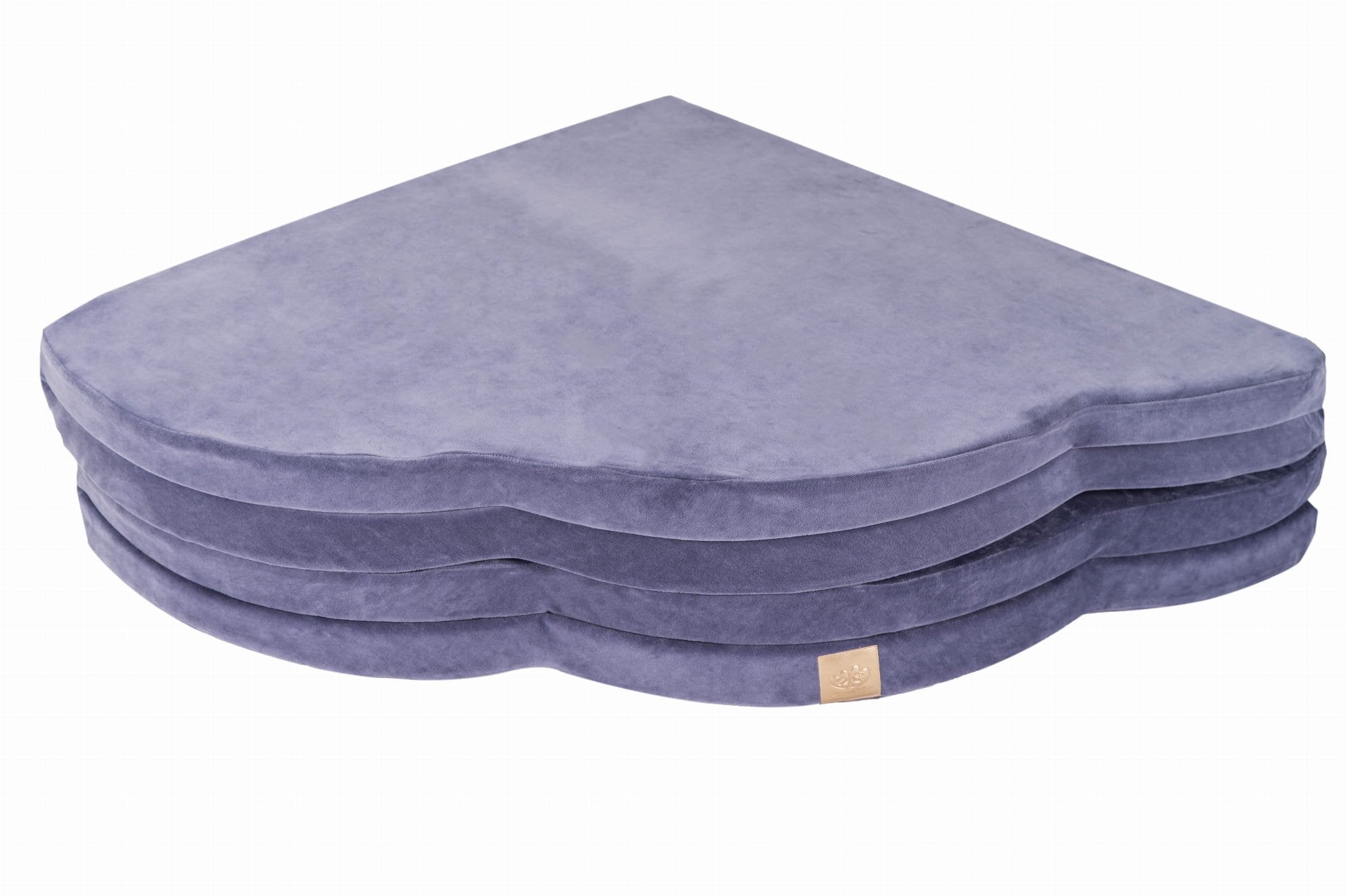 3. Close-up of folded blue-grey cloud-shaped play mat in velvet, highlighting layered design and MeowBaby logo