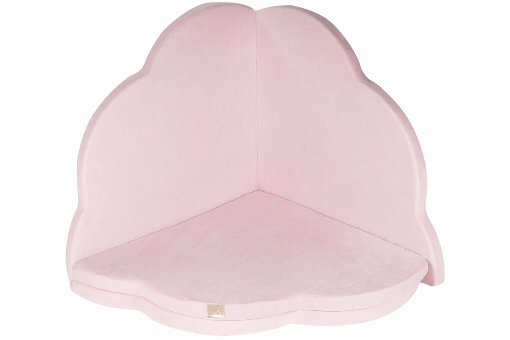 2. Pink cloud-shaped velvet play mat folded into a corner setup on a white background