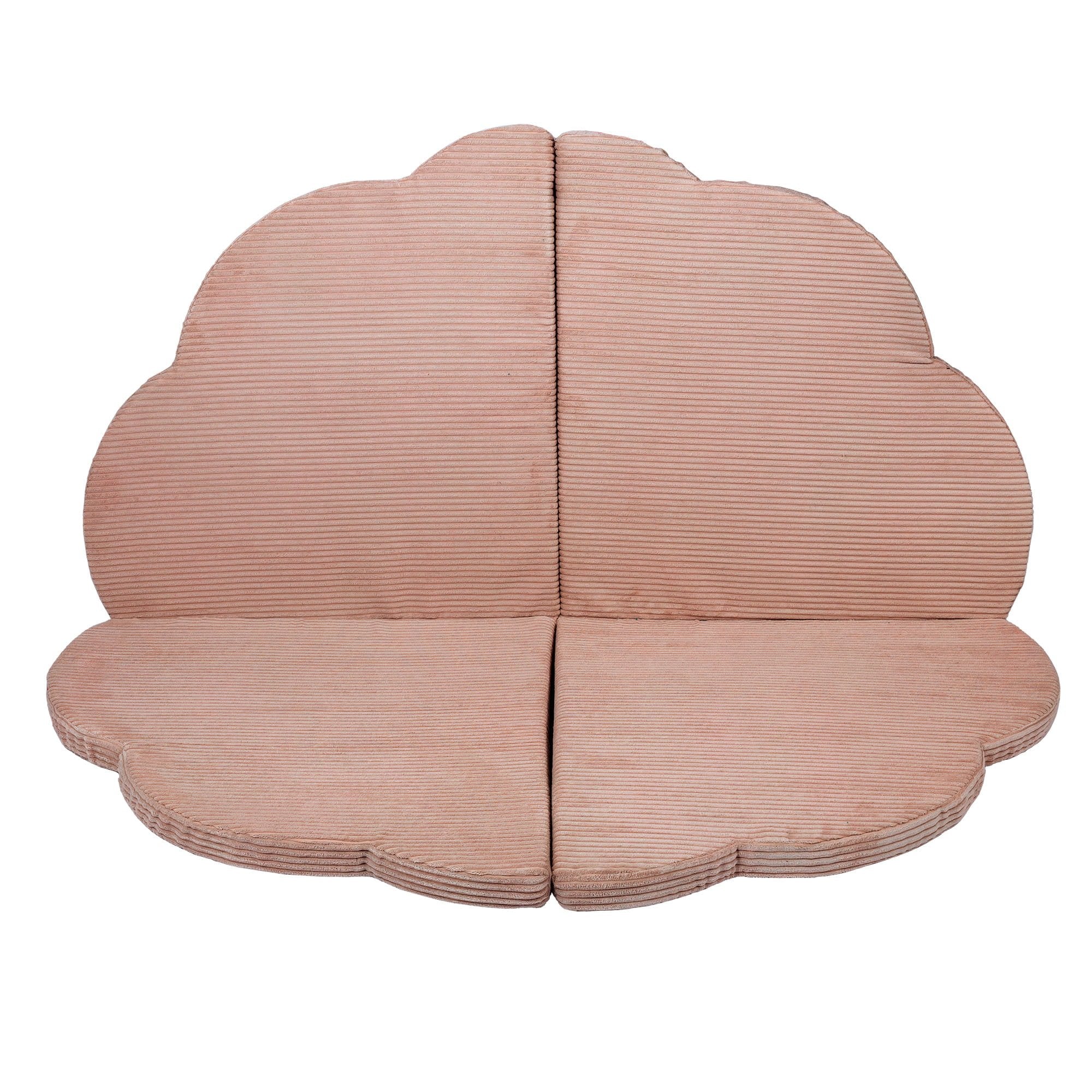 1. Cloud-shaped powder pink play mat for kids with ribbed texture, shown flat in studio setting