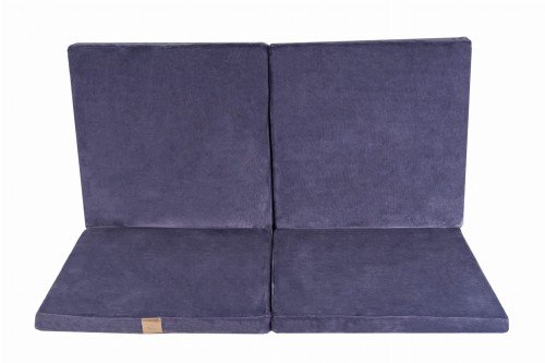 2. Square blue-grey velvet play mat partially folded on a white background