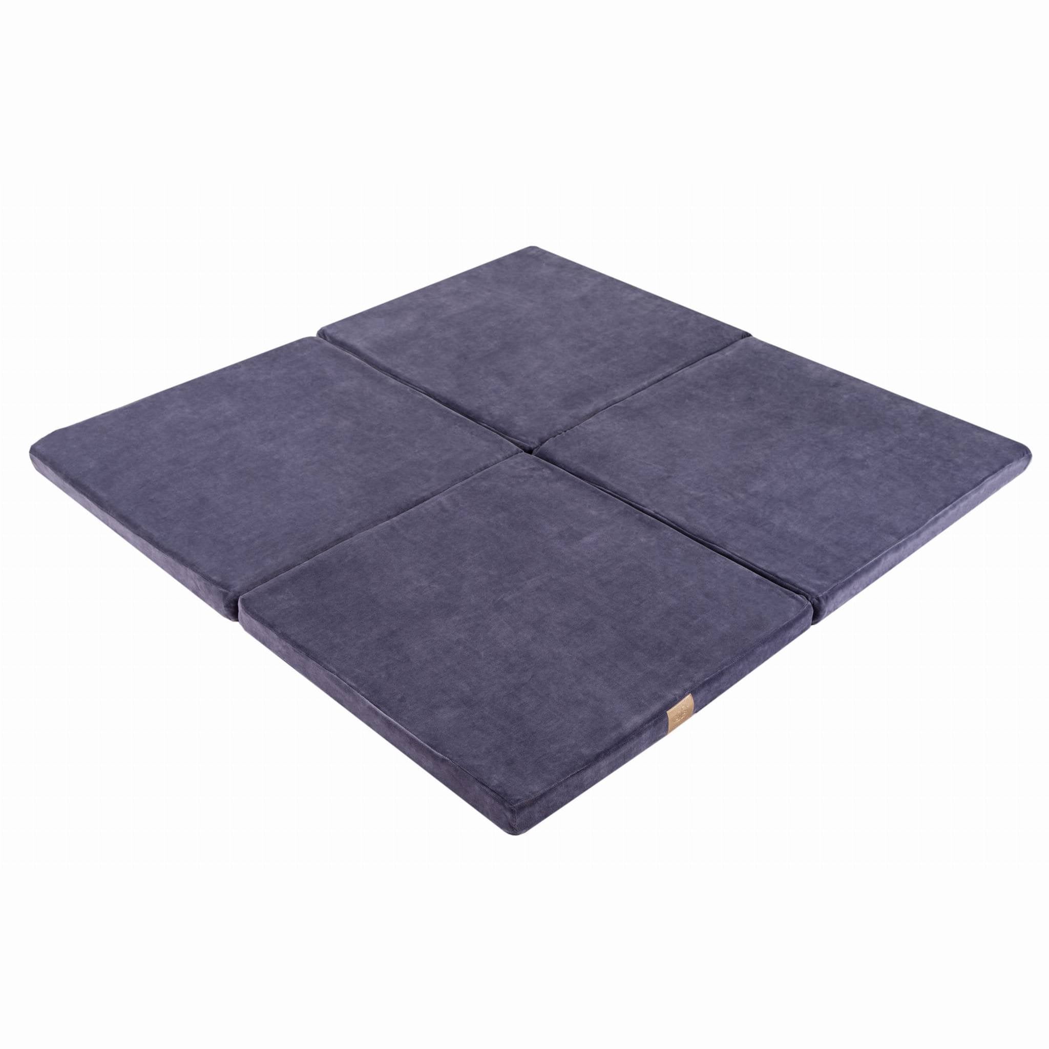 1. Square blue-grey velvet play mat for kids laid flat on a white background