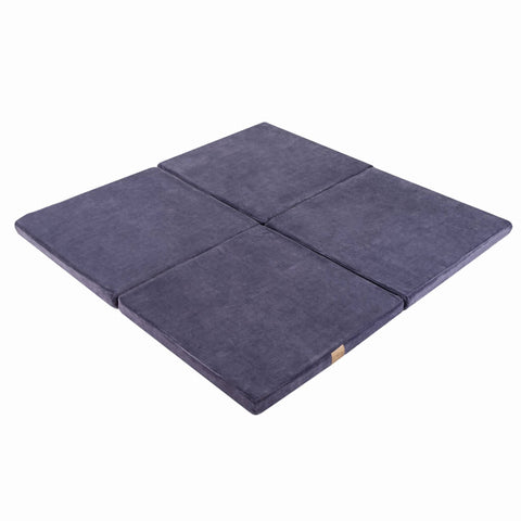 1. Square blue-grey velvet play mat for kids laid flat on a white background