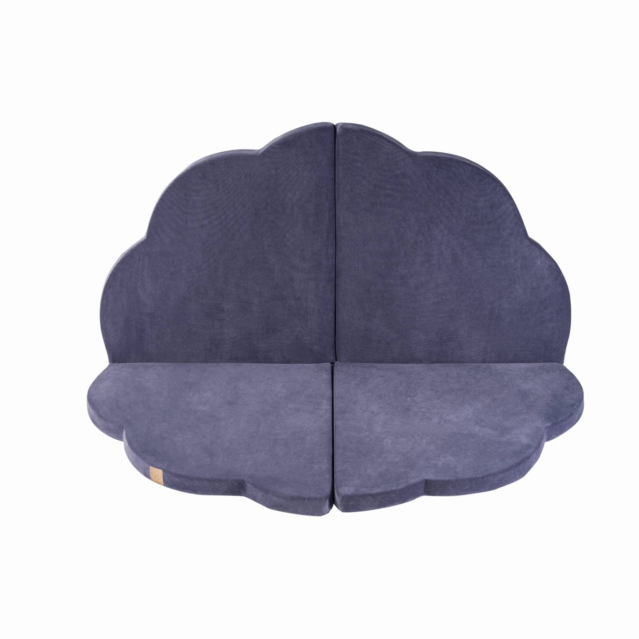 2. Blue-grey cloud-shaped play mat folded in half, showing soft velvet texture and MeowBaby logo on clean white background