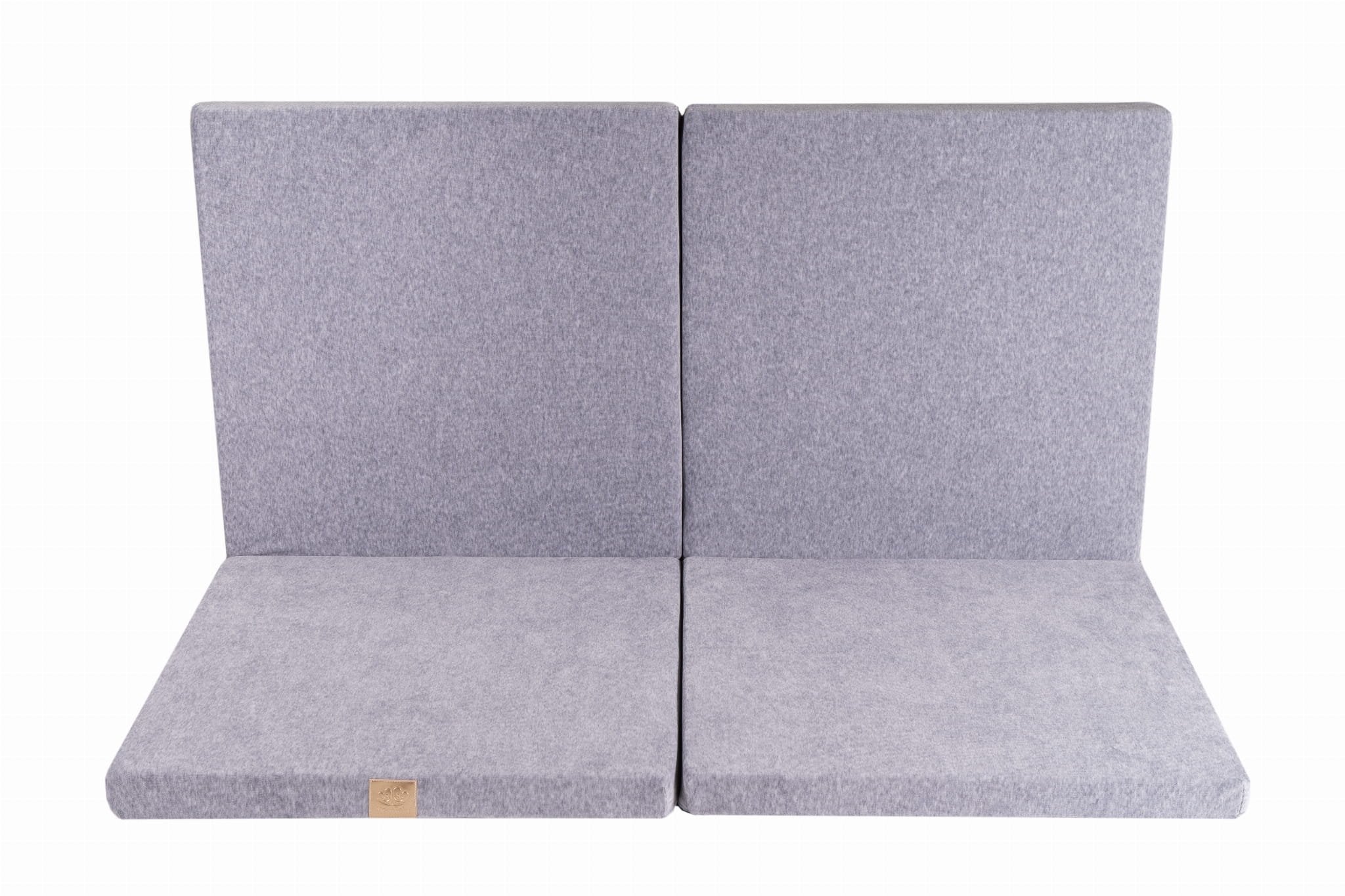 2. Square light grey velvet play mat partially folded on a white background