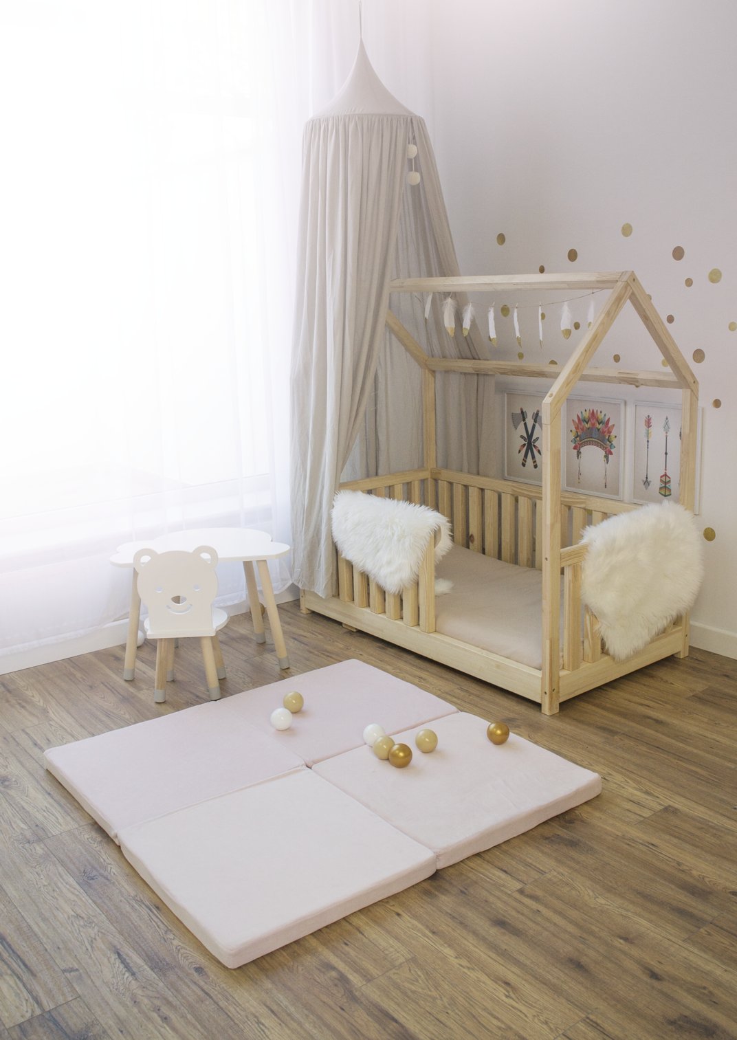 1. Light pink MeowBaby play mat in children's room with wooden bed and decor, creating cozy play area