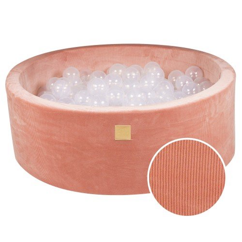 1. Apricot velvet round ball pit with 200 translucent balls, featuring soft hypoallergenic foam and machine washable cover, ideal for children's sensory play and motor skill development.