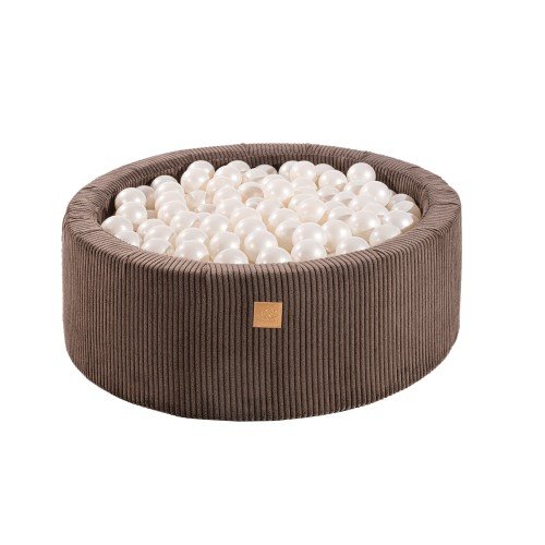 1. Brown round ball pit filled with 200 white balls, made from soft hypoallergenic foam, featuring a zippered cover, designed for children's sensory play and motor skill development, by MeowBaby.