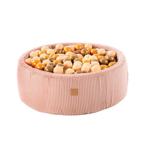 1. Aesthetic pink round ball pit filled with 200 orange and copper balls, made from soft hypoallergenic foam, featuring a zippered cover, designed for children's sensory play and motor skill development.