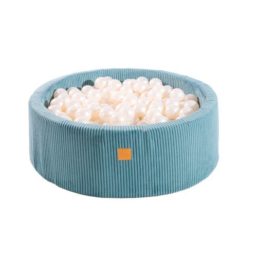 1. MeowBaby round ball pit in aesthetic turquoise with 200 white balls, made from soft hypoallergenic foam, shown in a studio setting highlighting its ribbed texture and zippered cover.
