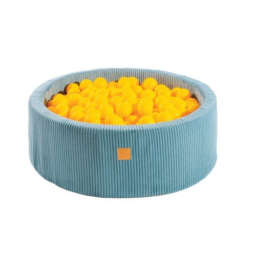 1. Turquoise round ball pit filled with 200 yellow balls, made from soft hypoallergenic foam, featuring a zippered cover, designed for children's sensory play and motor skill development.