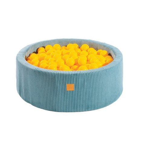 1. Turquoise round ball pit filled with 200 yellow balls, made from soft hypoallergenic foam, featuring a zippered cover, designed for children's sensory play and motor skill development.