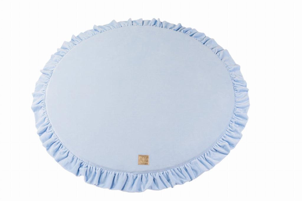 1. Baby blue round play mat with frill edge on white background, featuring MeowBaby brand logo
